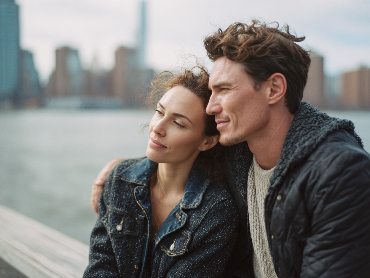Couple walking together in a quiet New York City setting, sharing a relaxed and natural moment.