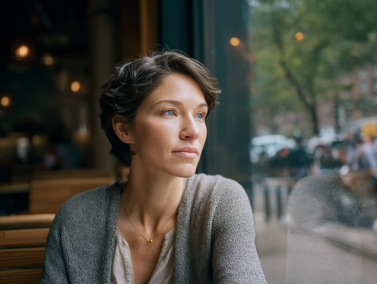 Thoughtful adult sitting quietly in a New York City setting, reflecting in a calm moment.