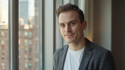 Smiling professional man in his mid‑30s standing by the window of a modern Manhattan apartment, softly lit by natural daylight, looking hopeful as he begins to feel more connected through online men’s group therapy at the Office of Travis Atkinson, LCSW, PC.