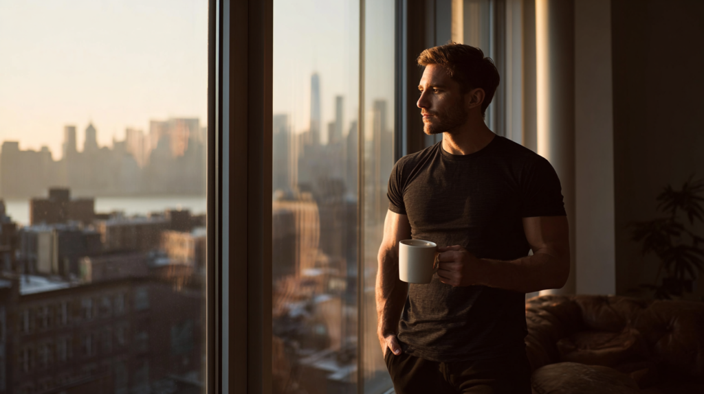 Man standing alone at floor-to-ceiling apartment windows with NYC skyline at sunrise, holding a coffee mug, depicting male celibacy and monk mode isolation in New York