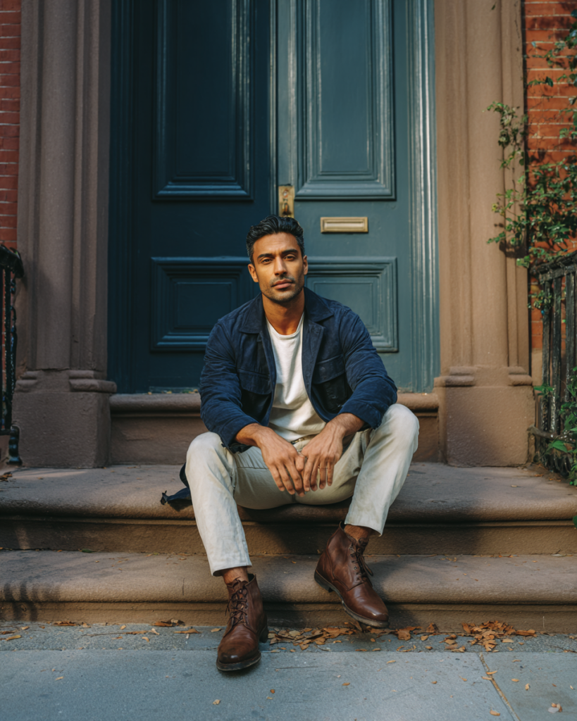 South Asian man sitting confidently on NYC brownstone steps in a navy jacket, representing men who choose celibacy or monk mode while navigating avoidant attachment therapy