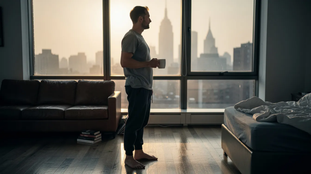 Man standing alone in a sparse NYC apartment at sunrise with the Empire State Building visible, holding a coffee mug beside an unmade bed, illustrating the male monk mode lifestyle