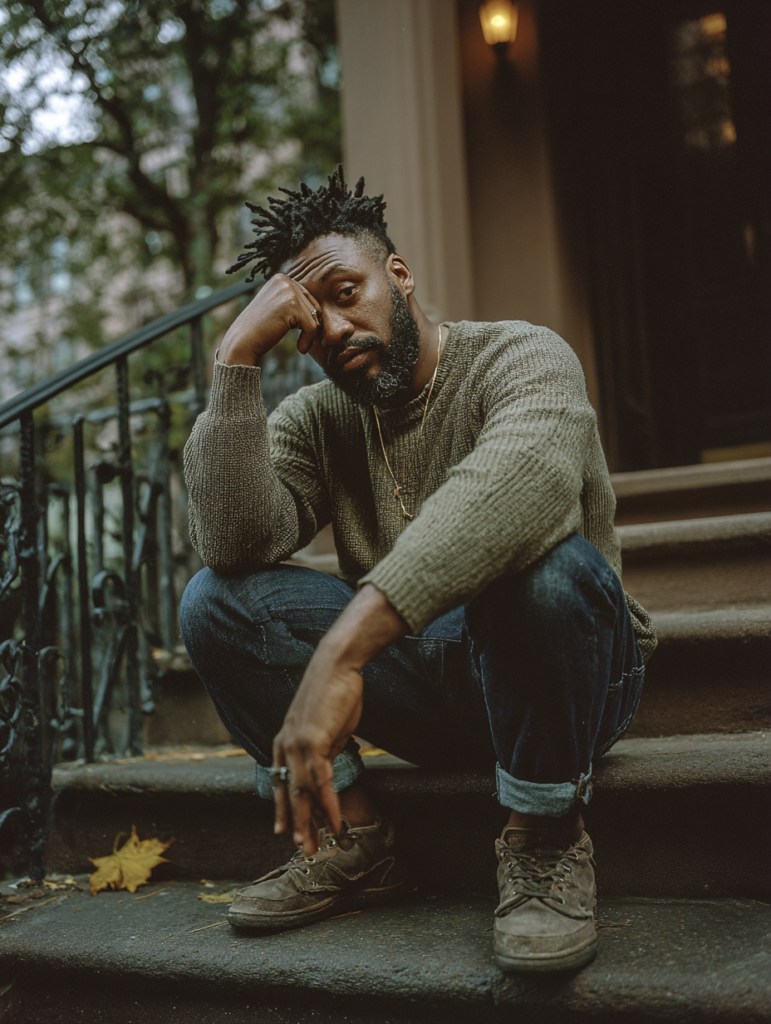 Black man with dreadlocks sitting alone on NYC brownstone steps in autumn, head resting in hand, reflecting the emotional withdrawal patterns of avoidant attachment in men