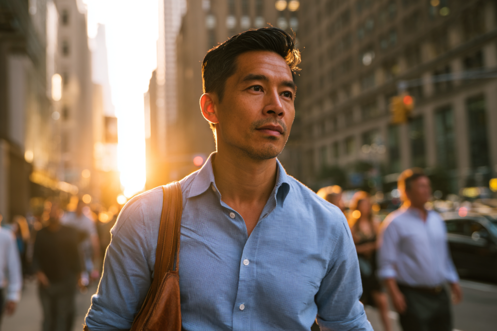 Asian professional man in blue shirt carrying a leather bag walking alone through a busy Manhattan street at golden hour, representing NYC men exploring avoidant attachment patterns