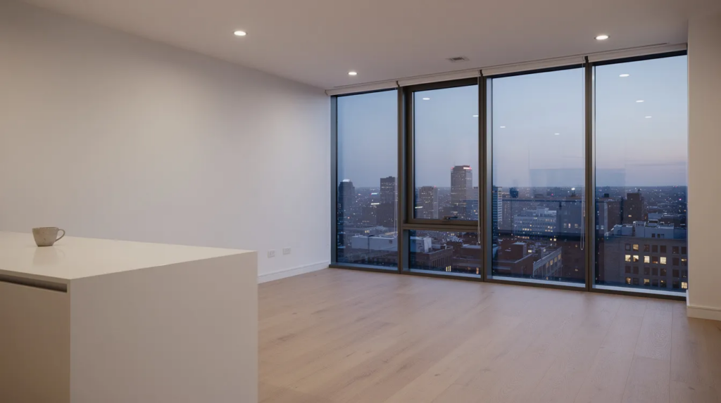 Empty minimalist high-rise apartment with floor-to-ceiling city views at dusk and a lone coffee mug on the counter, representing emotional emptiness in male avoidant attachment