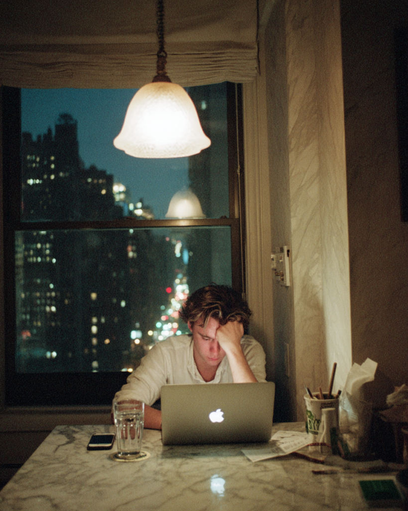 Young man alone late at night hunched over a MacBook in a NYC apartment, with city lights visible outside, depicting the isolation of male avoidant attachment and monk mode