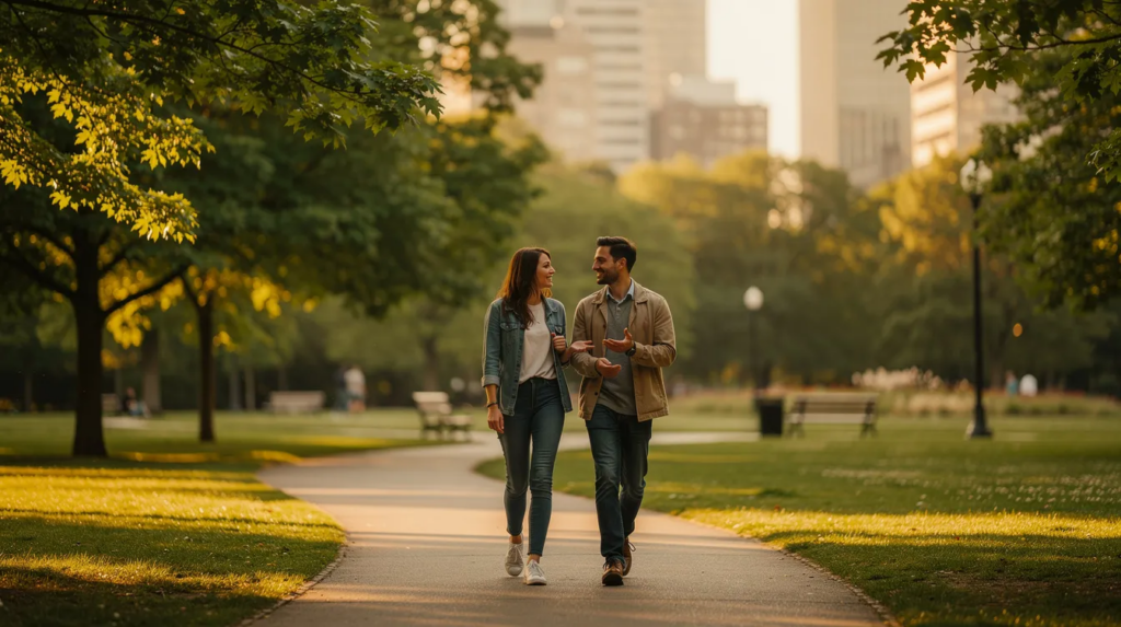Couple walking and talking together on a tree-lined NYC park path at golden hour, representing connection rituals that build emotional safety in relationships