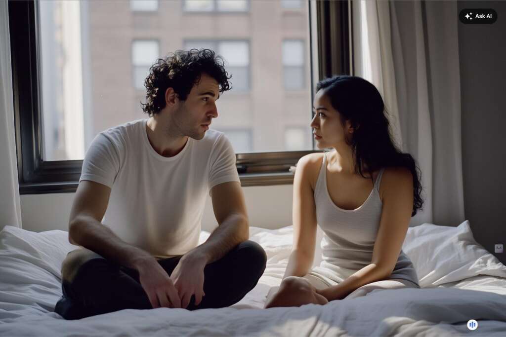 Couple sitting together on a bed in a Manhattan apartment, having a difficult but engaged conversation about relationship needs and emotional safety