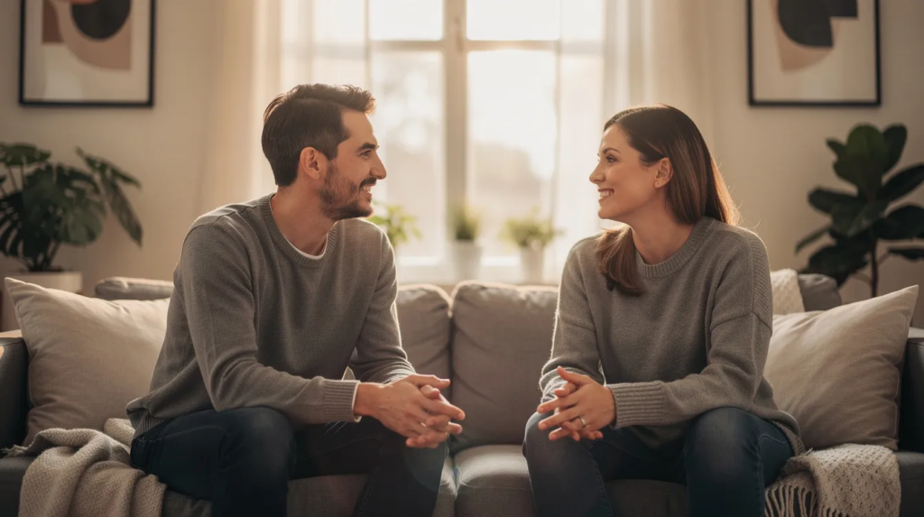 Couple sitting face to face on a couch, smiling and engaged in open conversation, illustrating emotional safety in a healthy relationship