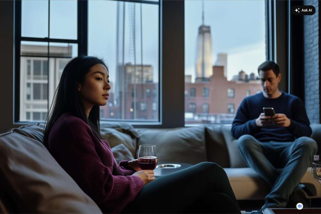 Asian woman holding wine glass on couch while partner scrolls phone in background, depicting emotional disconnection in a NYC apartment relationship