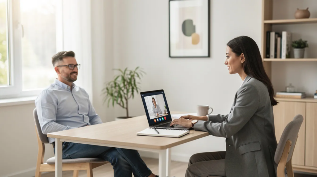 Online couples therapy session at New York Therapy, showing therapist and client at a desk with a video call on screen representing online therapy in NYC