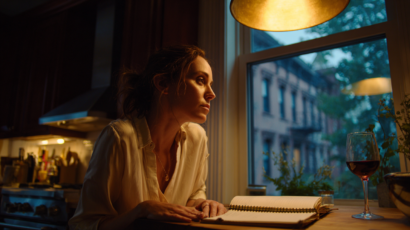 A mother caught in a quiet moment at her Brooklyn brownstone kitchen counter at 9pm holding a pen above her child's open homework