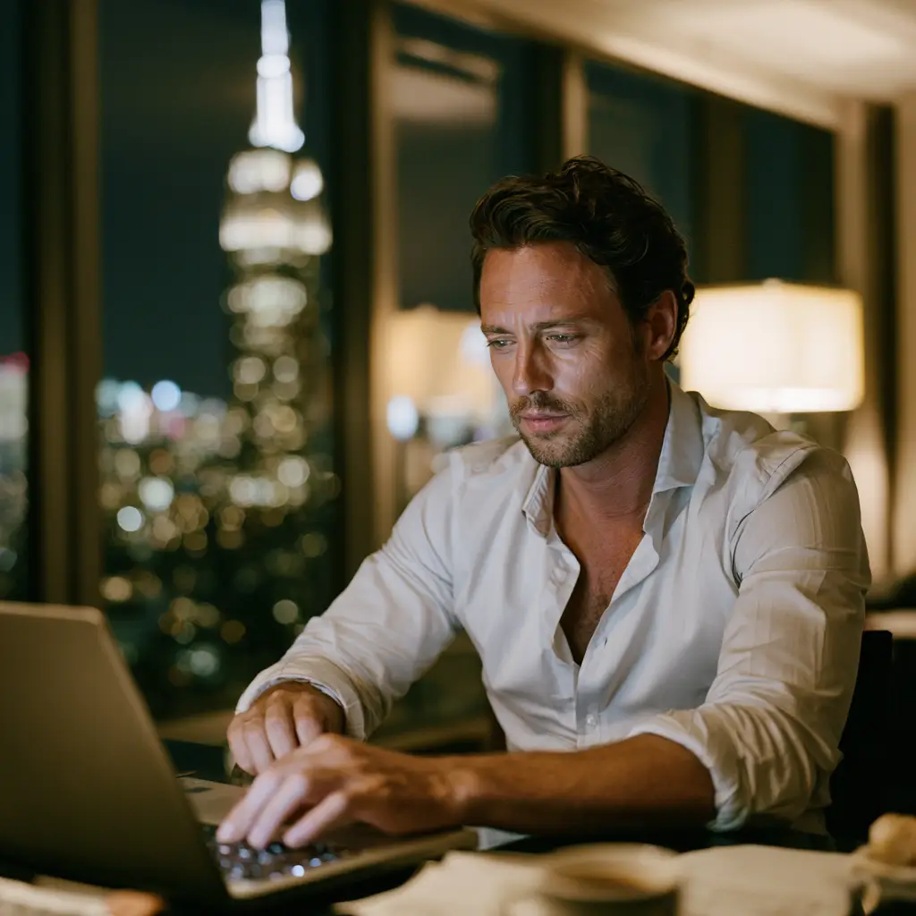 Professional working late at night in a Manhattan apartment while managing chronic work stress, with the Empire State Building visible in the background